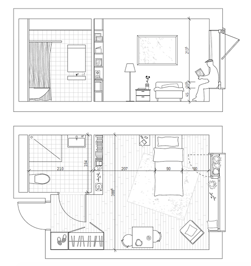 plan and section of a typical bedroom