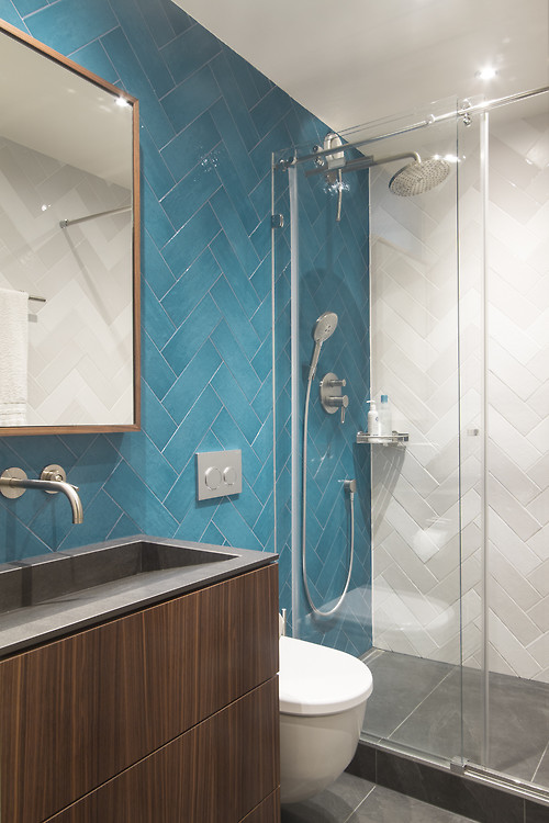 bathroom with blue and white tiles